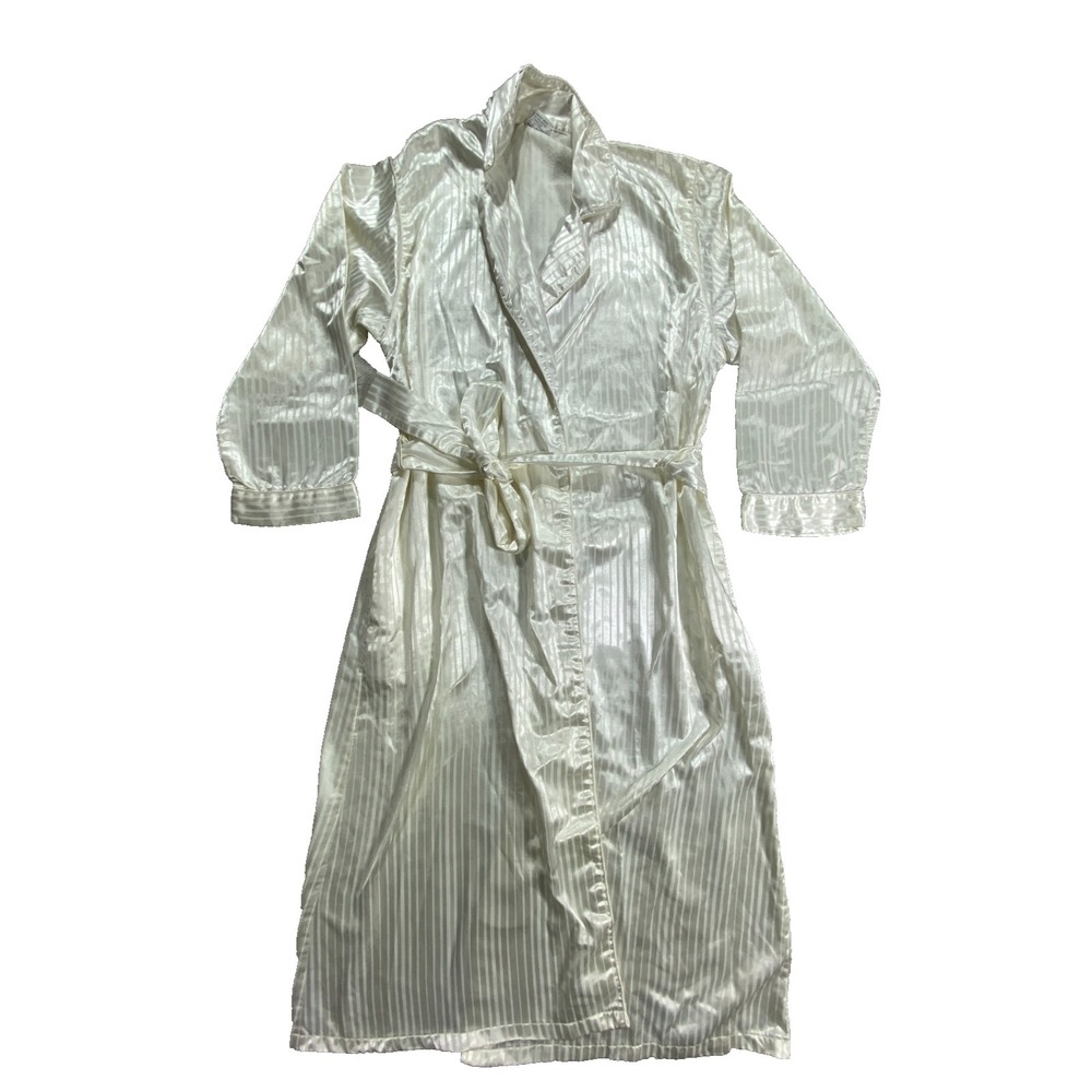 Kathryn Wrap‎ Robe Womens Small White Satin Striped Sleepwear Belted Waist Retro